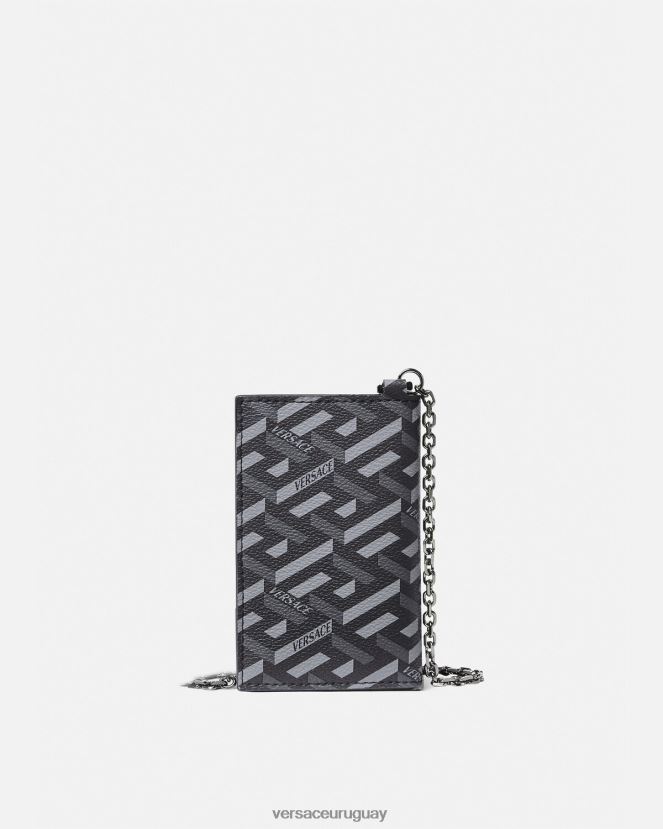 Versace tarjetero con cadena y firma la greca hombres negro y gris accesorios H88R0H1652