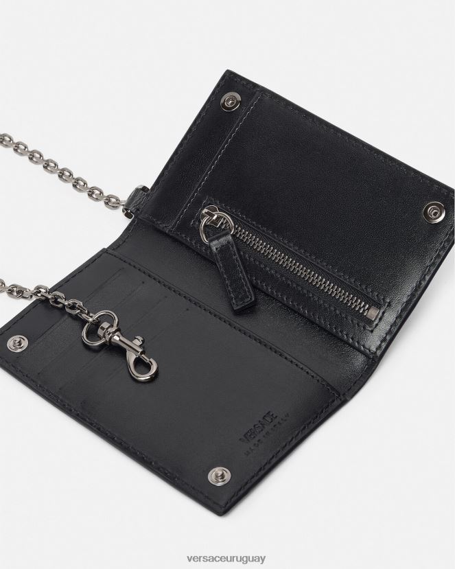 Versace tarjetero con cadena y firma la greca hombres negro y gris accesorios H88R0H1652