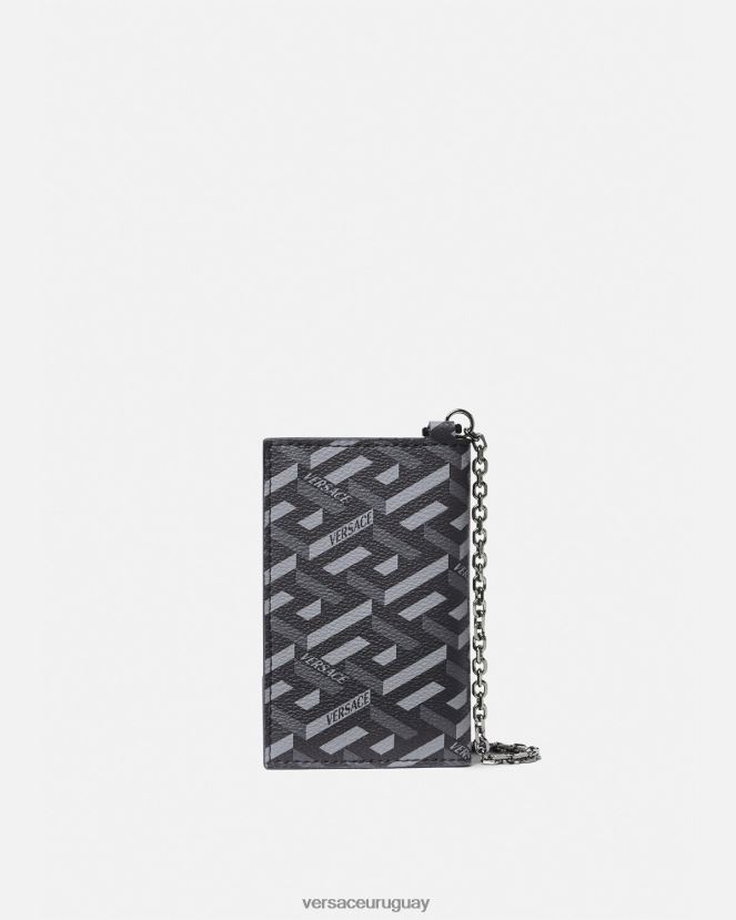 Versace tarjetero con cadena y firma la greca hombres negro y gris accesorios H88R0H1652