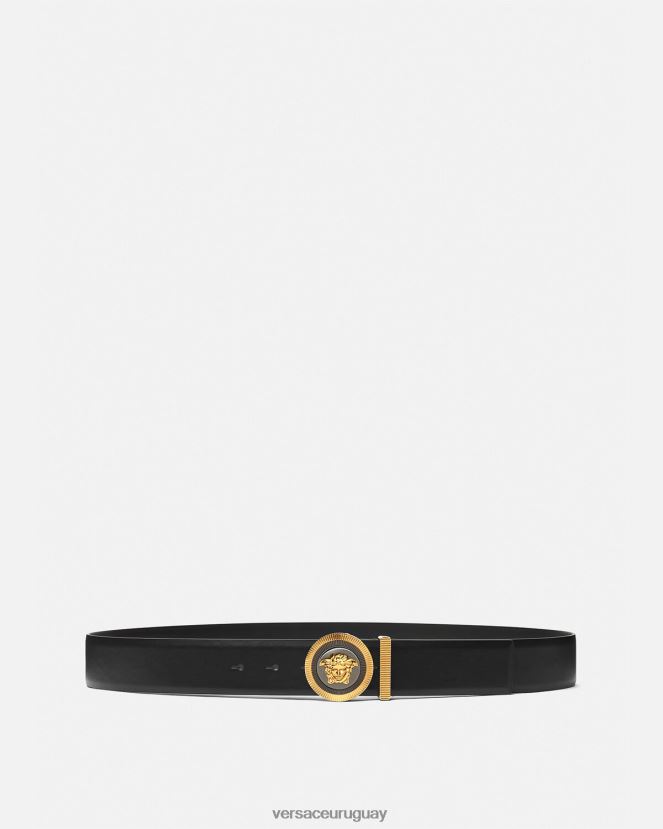 Versace cinturón de cuero con Medusa Biggie esmaltada hombres oro negro accesorios H88R0H1608