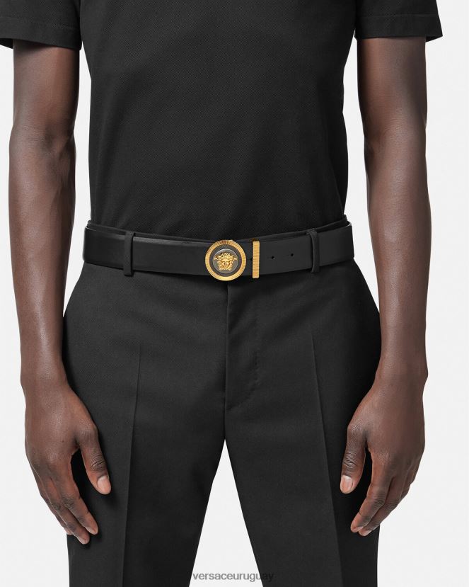 Versace cinturón de cuero con Medusa Biggie esmaltada hombres oro negro accesorios H88R0H1608