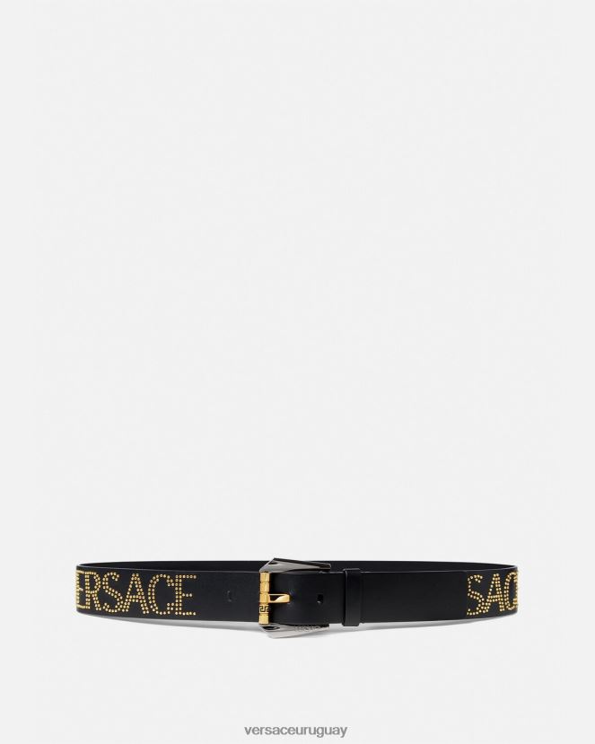 Versace cinturón de cuero con logo y tachuelas hombres oro negro accesorios H88R0H1627