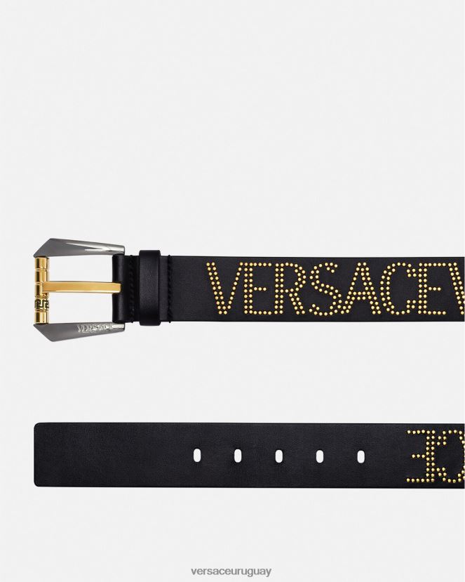 Versace cinturón de cuero con logo y tachuelas hombres oro negro accesorios H88R0H1627