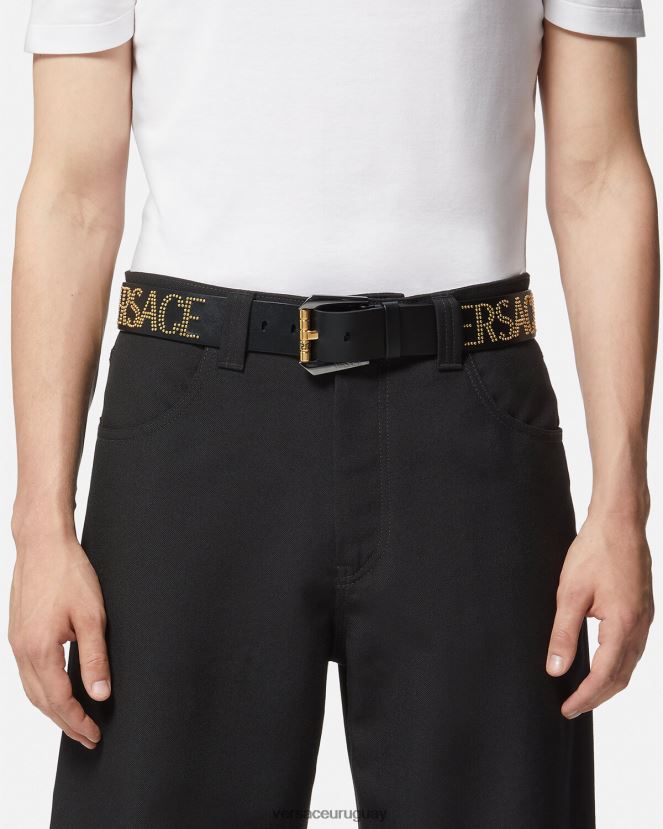Versace cinturón de cuero con logo y tachuelas hombres oro negro accesorios H88R0H1627