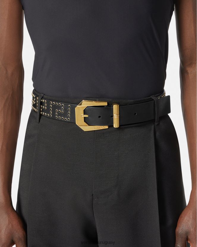Versace cinturón de cuero con medusa y cristales hombres negro accesorios H88R0H1624
