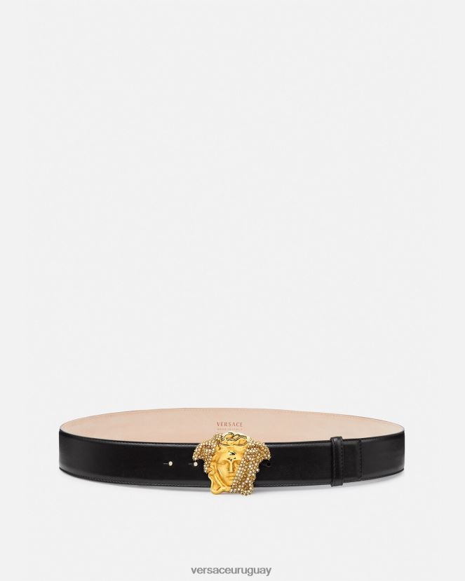 Versace cinturón de piel con cristales la medusa hombres negro accesorios H88R0H1618