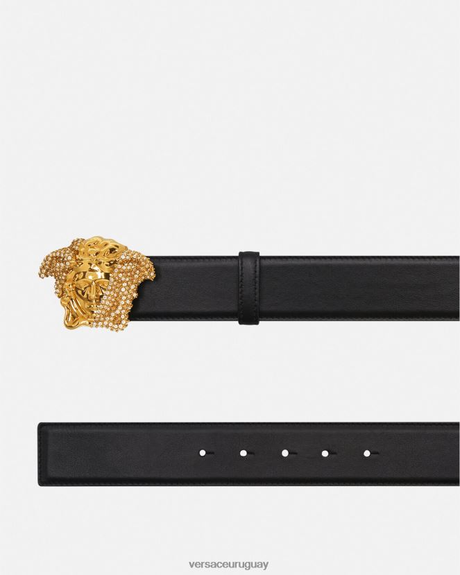Versace cinturón de piel con cristales la medusa hombres negro accesorios H88R0H1618