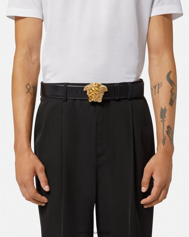Versace cinturón de piel con cristales la medusa hombres negro accesorios H88R0H1618