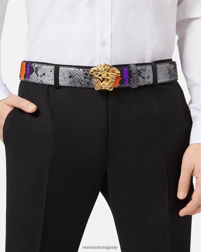 Versace cinturón de piel con estampado de Medusa y pitón hombres multicolor accesorios H88R0H1631