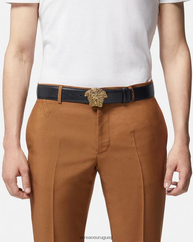 Versace cinturón de piel con medusa hombres oro negro accesorios H88R0H1630