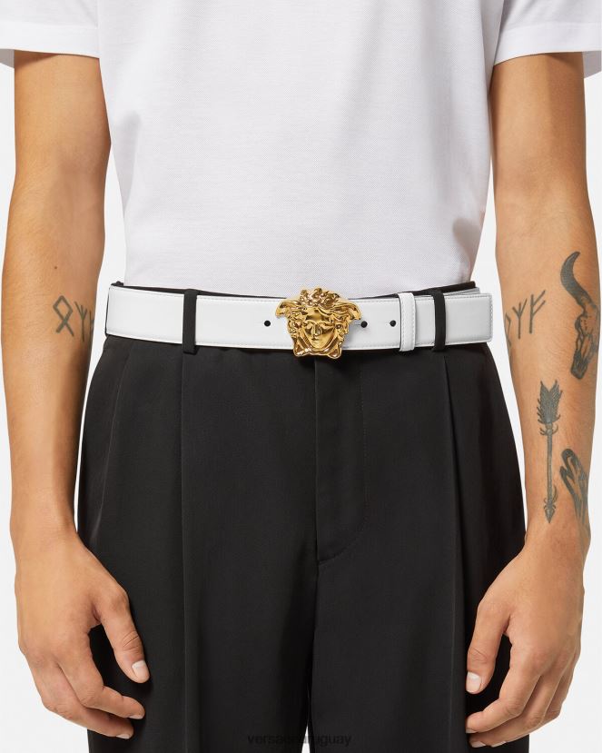 Versace cinturón de piel de medusa hombres Oro blanco accesorios H88R0H1622