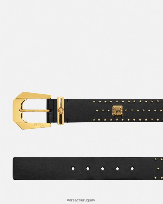 Versace cinturón tradicional de piel con tachuelas y Medusa hombres negro accesorios H88R0H1625