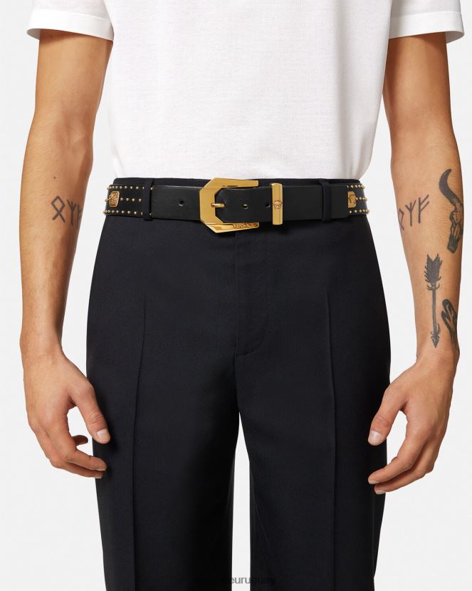 Versace cinturón tradicional de piel con tachuelas y Medusa hombres negro accesorios H88R0H1625