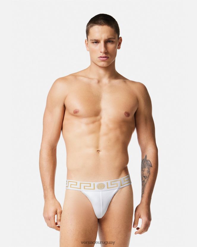 Versace suspensorio con borde de greca hombres Oro blanco ropa interior y ropa de playa H88R0H1776