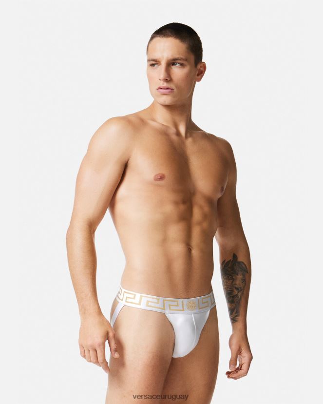 Versace suspensorio con borde de greca hombres Oro blanco ropa interior y ropa de playa H88R0H1776