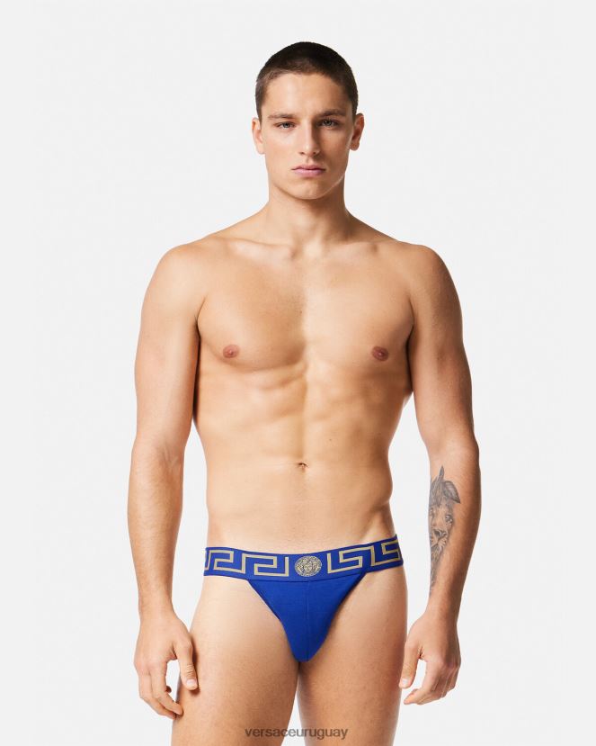Versace suspensorio con borde de greca hombres azul ropa interior y ropa de playa H88R0H1777