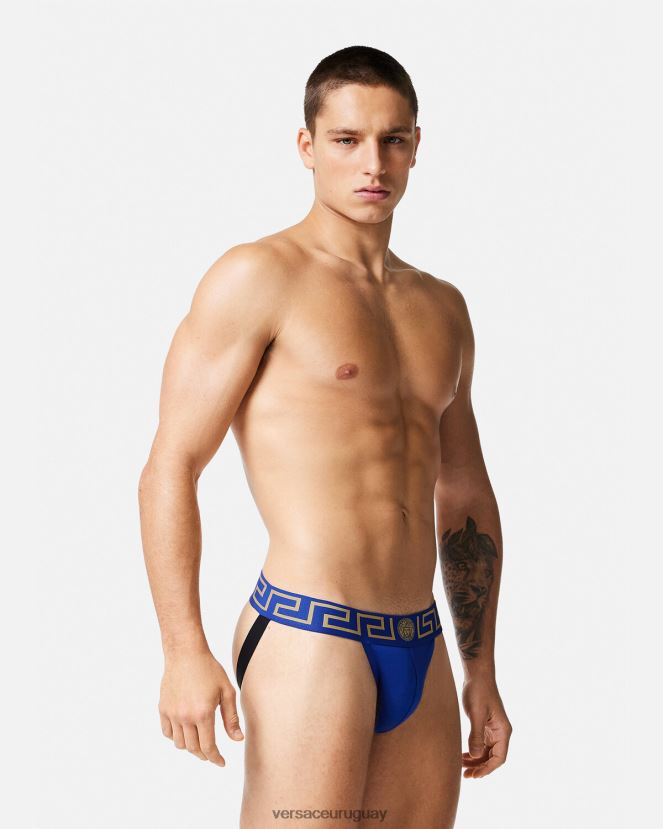 Versace suspensorio con borde de greca hombres azul ropa interior y ropa de playa H88R0H1777