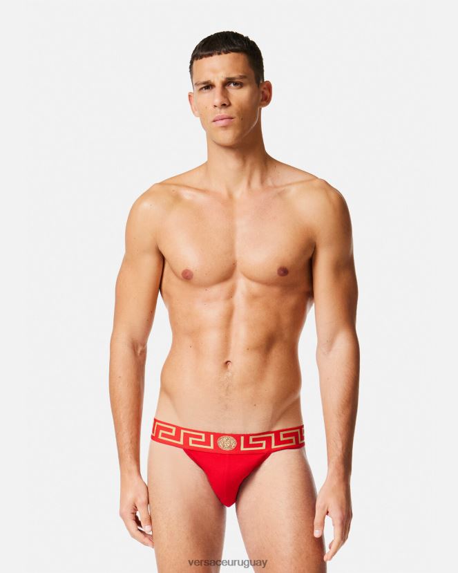 Versace suspensorio con borde de greca hombres rojo ropa interior y ropa de playa H88R0H1775