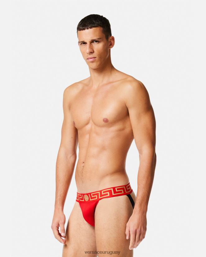 Versace suspensorio con borde de greca hombres rojo ropa interior y ropa de playa H88R0H1775