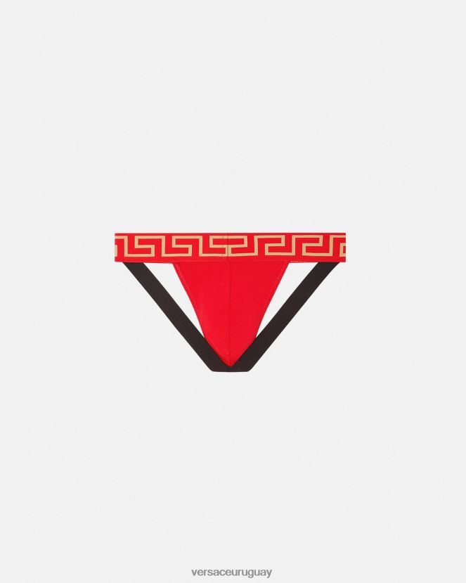 Versace suspensorio con borde de greca hombres rojo ropa interior y ropa de playa H88R0H1775