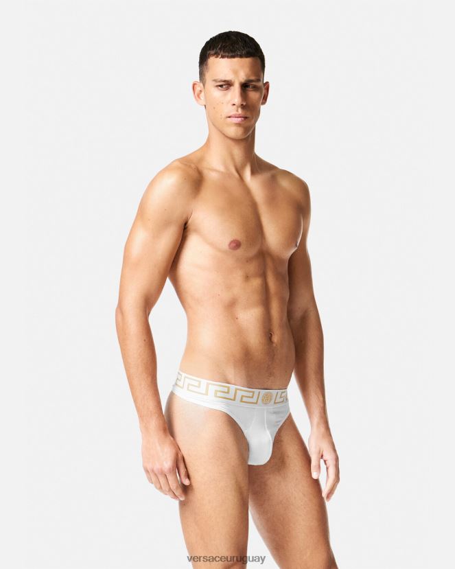 Versace tanga con borde de greca hombres Oro blanco ropa interior y ropa de playa H88R0H1772