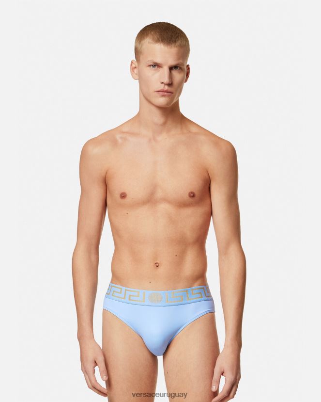 Versace braguitas de baño con borde de greca hombres azul claro ropa interior y ropa de playa H88R0H1798