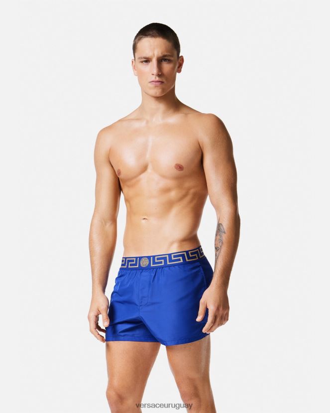 Versace shorts de baño con borde de greca hombres azul ropa interior y ropa de playa H88R0H1808