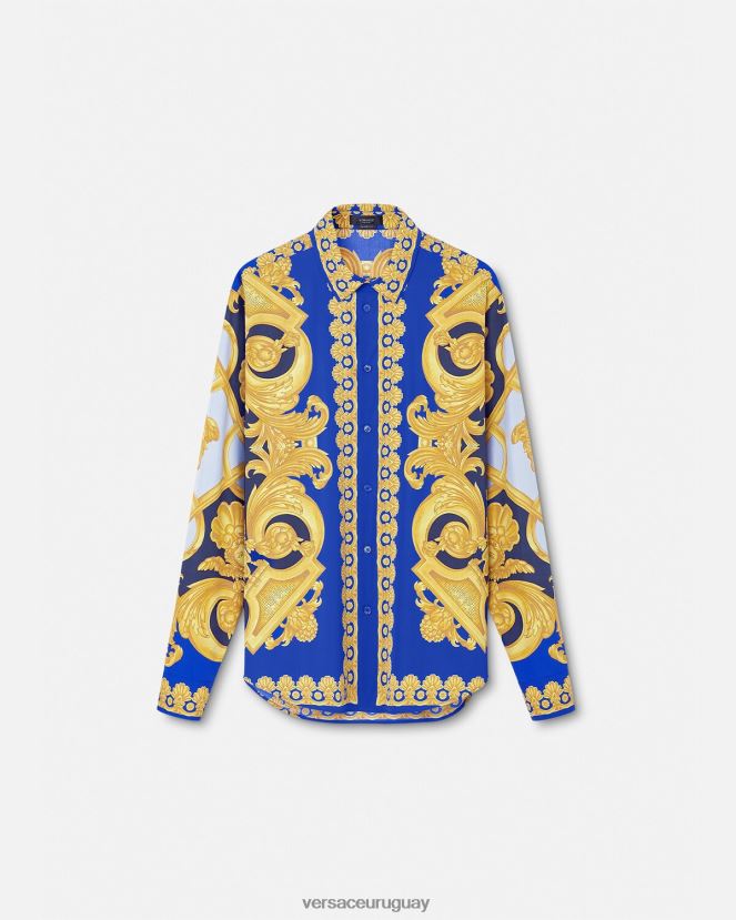 Versace camisa barroco 660 de algodón hombres azul y oro ropa H88R0H1321