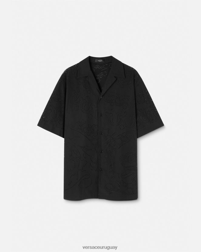 Versace camisa barroco cortada con láser hombres negro ropa H88R0H1323