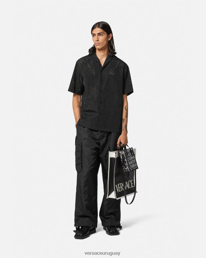 Versace camisa barroco cortada con láser hombres negro ropa H88R0H1323