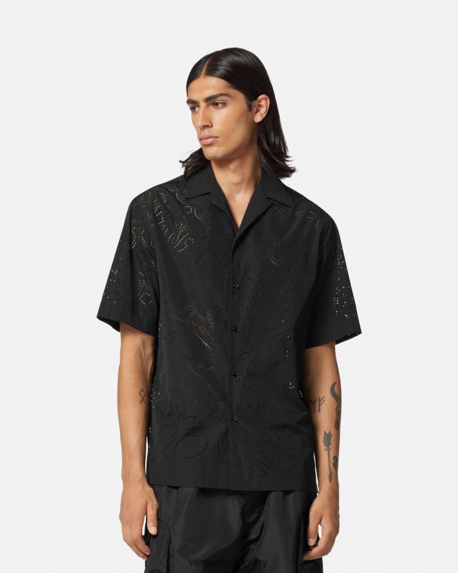 Versace camisa barroco cortada con láser hombres negro ropa H88R0H1323