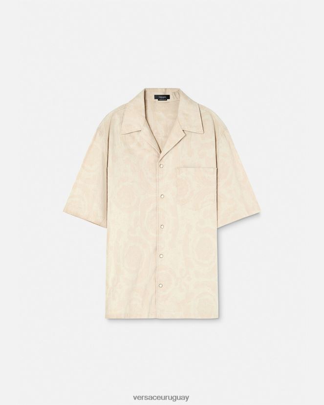 Versace camisa de cambray con silueta barroca hombres beige ropa H88R0H1291