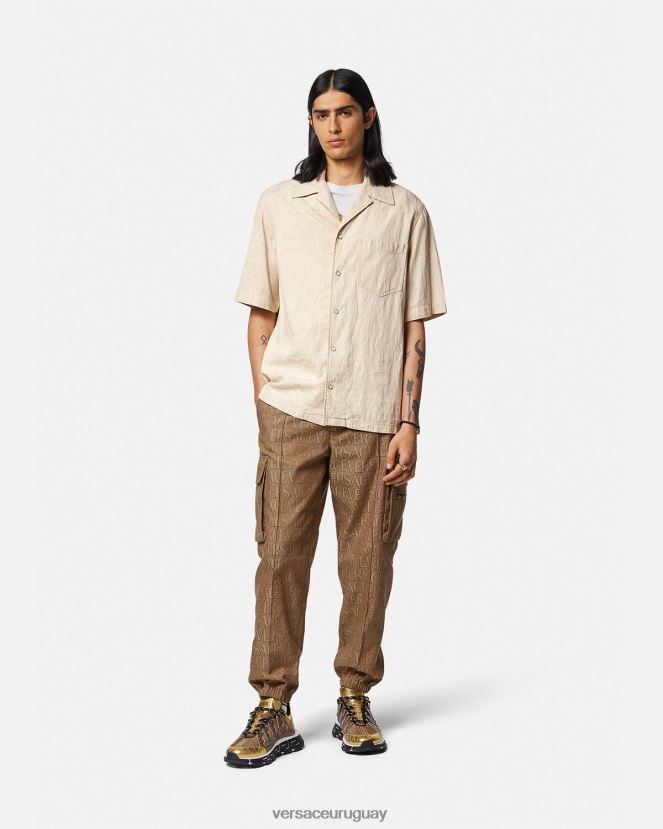 Versace camisa de cambray con silueta barroca hombres beige ropa H88R0H1291