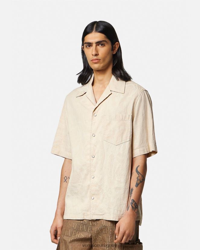 Versace camisa de cambray con silueta barroca hombres beige ropa H88R0H1291