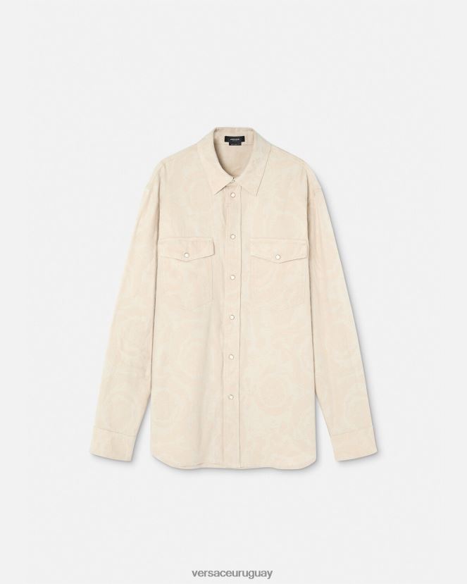 Versace camisa de cambray con silueta barroca hombres beige ropa H88R0H1292