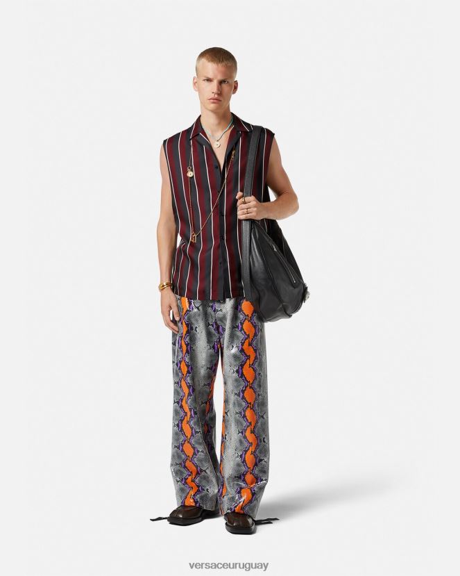 Versace camisa de seda a rayas sin mangas hombres rojo y gris ropa H88R0H1303