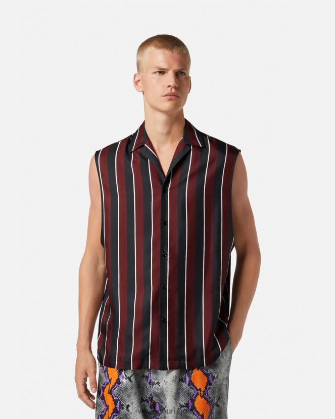 Versace camisa de seda a rayas sin mangas hombres rojo y gris ropa H88R0H1303