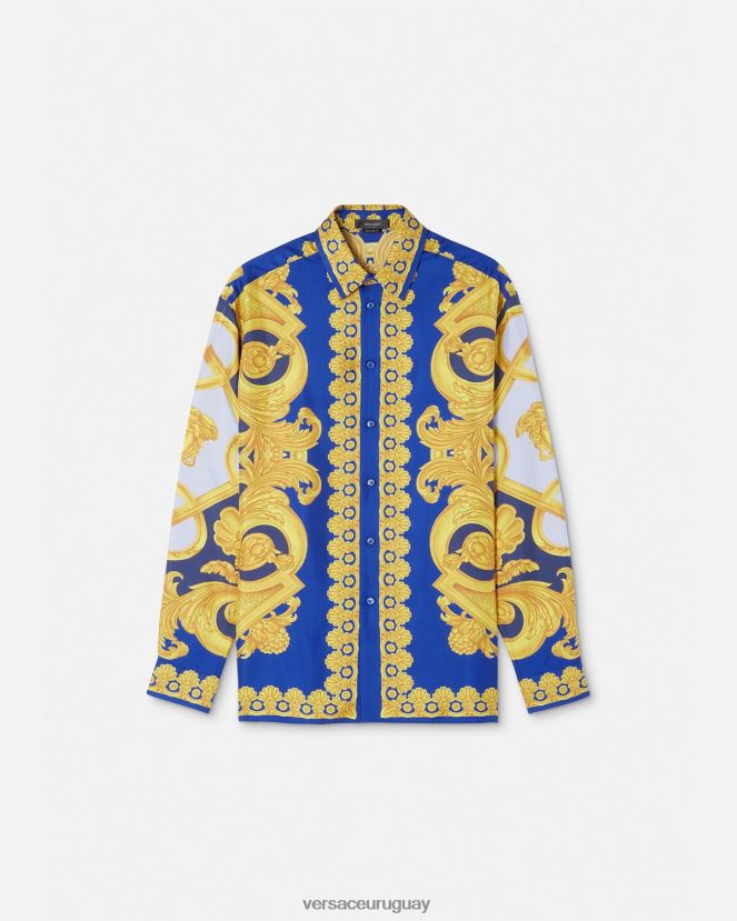 Versace camisa de seda barroco 660 hombres azul y oro ropa H88R0H1318