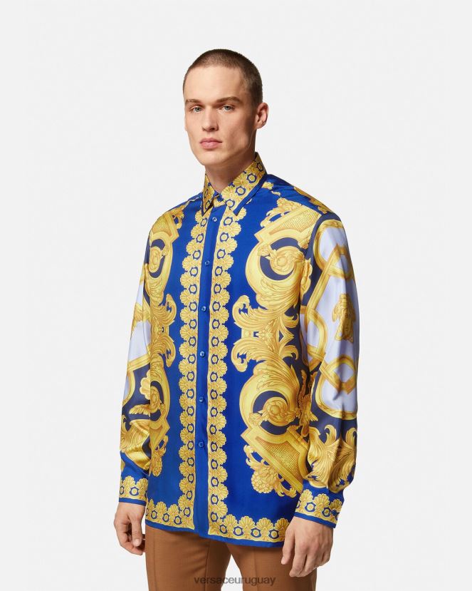 Versace camisa de seda barroco 660 hombres azul y oro ropa H88R0H1318