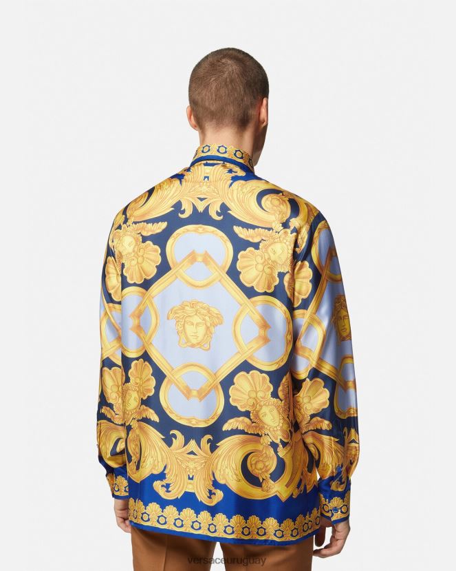 Versace camisa de seda barroco 660 hombres azul y oro ropa H88R0H1318