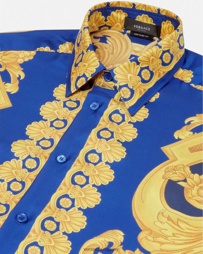 Versace camisa de seda barroco 660 hombres azul y oro ropa H88R0H1318