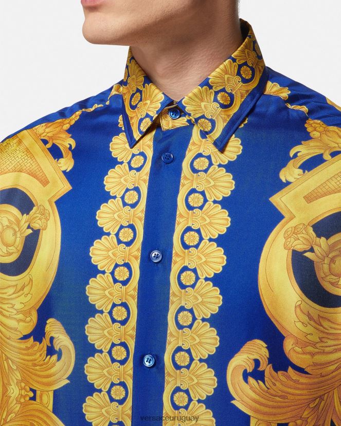 Versace camisa de seda barroco 660 hombres azul y oro ropa H88R0H1318