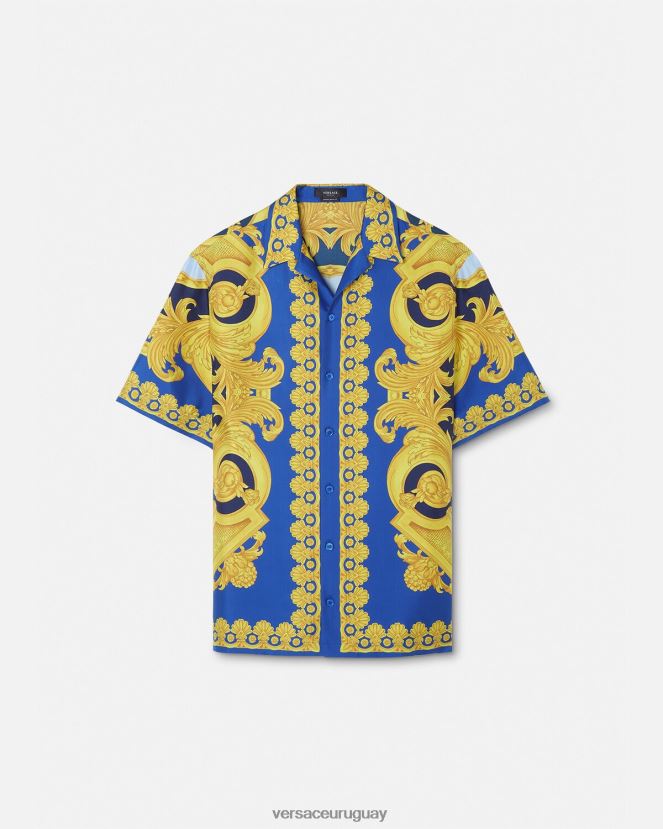 Versace camisa de seda barroco 660 hombres azul y oro ropa H88R0H1319