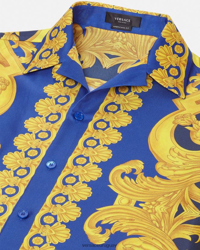 Versace camisa de seda barroco 660 hombres azul y oro ropa H88R0H1319