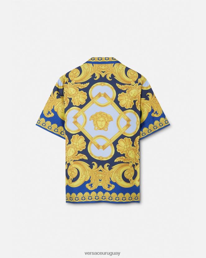 Versace camisa de seda barroco 660 hombres azul y oro ropa H88R0H1319