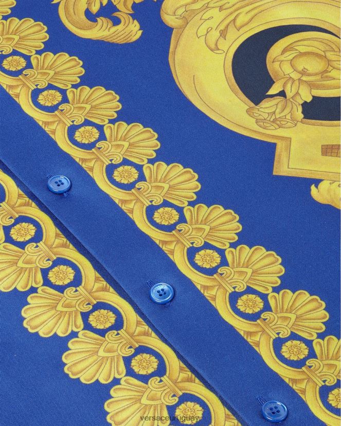Versace camisa de seda barroco 660 hombres azul y oro ropa H88R0H1319