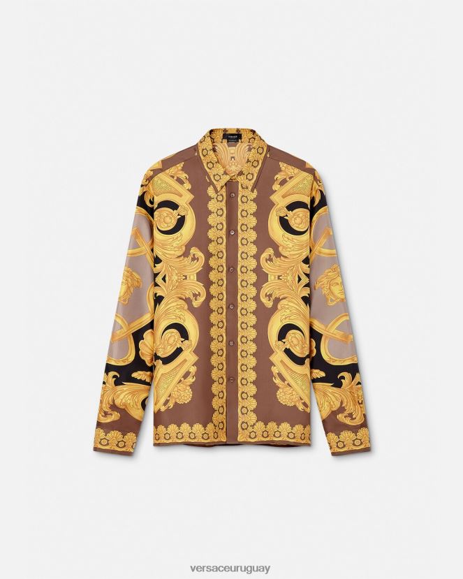 Versace camisa de seda barroco 660 hombres marrón y dorado ropa H88R0H1320