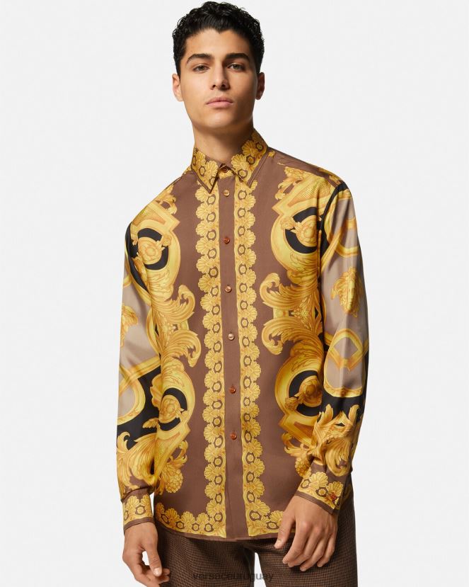 Versace camisa de seda barroco 660 hombres marrón y dorado ropa H88R0H1320