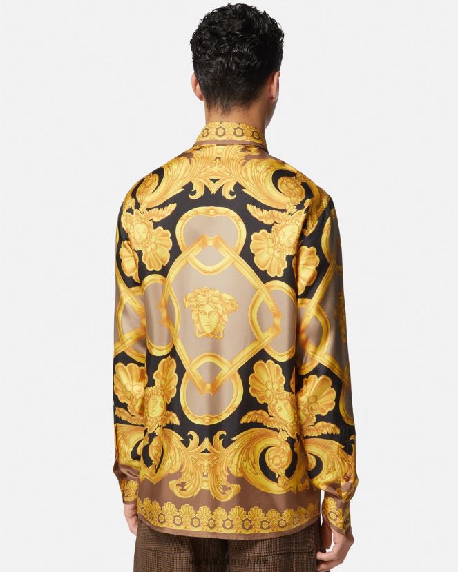 Versace camisa de seda barroco 660 hombres marrón y dorado ropa H88R0H1320