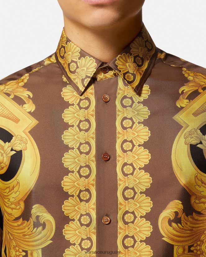 Versace camisa de seda barroco 660 hombres marrón y dorado ropa H88R0H1320